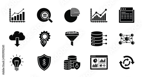 Collection of data analysis and business icons in black silhouette