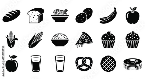 Various food items arranged in a flat black silhouette