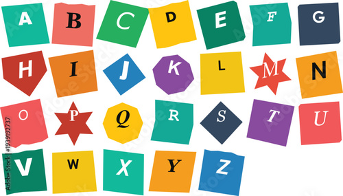 A vibrant collection of colorful alphabet letters from A to Z displayed on various shaped cards, suitable for educational and design purposes.
