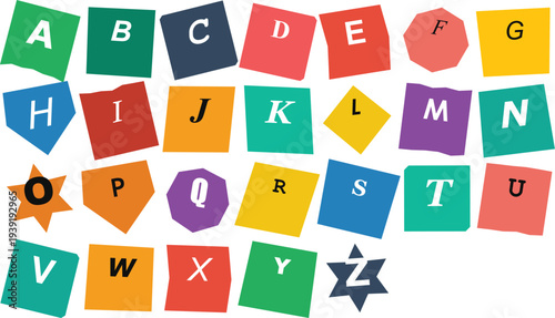 Colorful English alphabet letters A to Z on various shaped paper cut-outs, arranged in rows, for educational or decorative purposes.