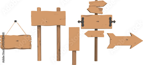 Rustic wooden signboards and directional arrow signs with poles, ropes, and brackets for outdoor wayfinding and decorative design