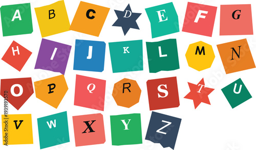 Colorful alphabet letters A to Z on various shaped paper cutouts, arranged randomly.
