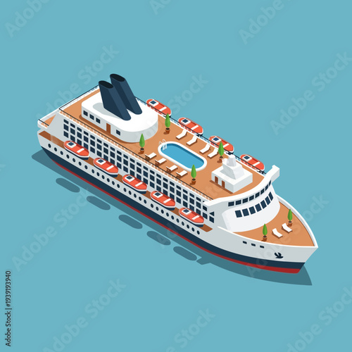 Isometric illustration of a large cruise ship with multiple decks and amenities.