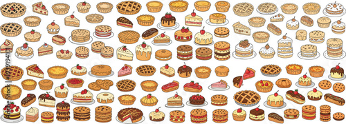 A colorful assortment of various desserts and pastries including cakes, cookies, and pies arranged in an enticing display.
