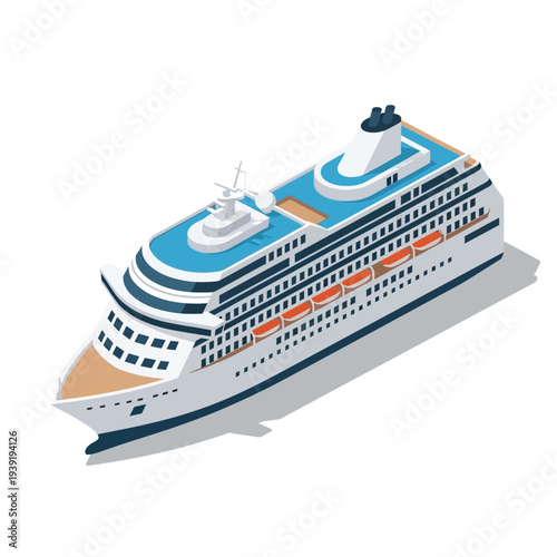Luxury Cruise Ship Illustration with Multiple Decks and Lifeboats.