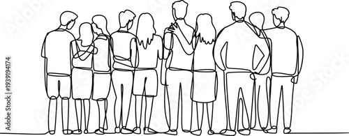 Continuous line crowd people standing together, community teamwork unity concept minimal outline social group illustration