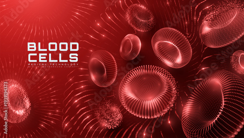Glow Red Blood Cells in Capillary on Dark Background. Futuristic Medical Technology Hematology Design Concept. Creating animated vector illustrations in 3D style.
