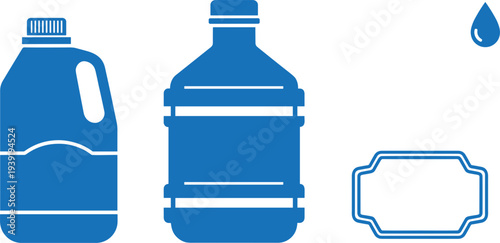 Blue Plastic Water Jug and Bottle Silhouette Set Featuring Large Gallon Container Milk Jug with Handle Small Water Drop and Blank Label Icon.