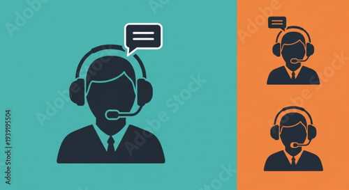 Customer service representatives wearing headsets with speech bubbles on colorful backgrounds for support and communication