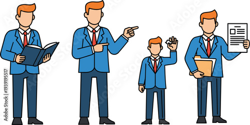 Professional Businessman Character Set Featuring a Male Manager in Blue Suit Reading a Book Pointing Holding a Document and Folders for Office Design.