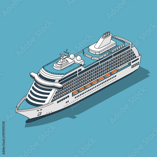 Isometric illustration of a large white cruise ship with multiple decks and orange accents.