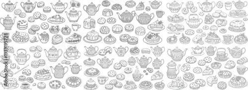 A delightful array of dessert illustrations, showcasing various pastries, cakes, and tea sets in monochrome.