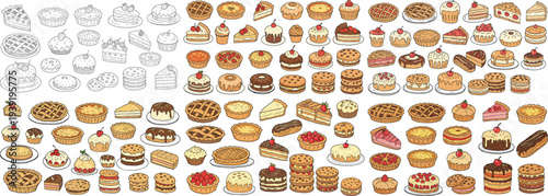 A delightful array of illustrated desserts including cakes, pastries, and cookies in various styles and colors.