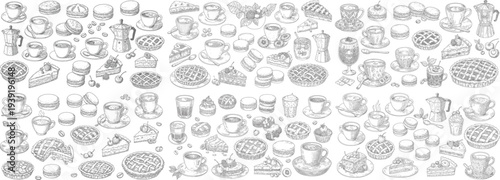 A delightful assortment of desserts and beverages in a detailed, hand-drawn style, perfect for culinary designs.