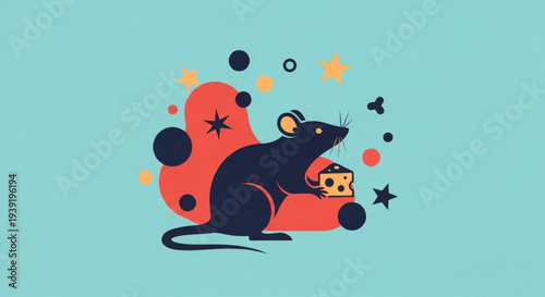 Black rat holding cheese wheel surrounded by stars and shapes on blue background with red blob