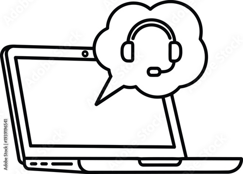 Laptop with a headset and speech bubble