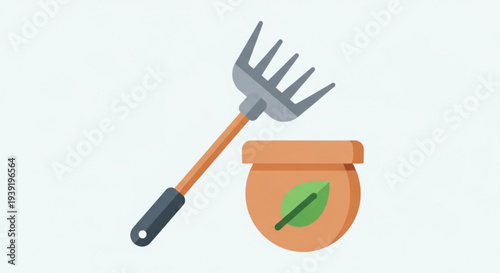 Gardening fork and pot with green leaf icon on plain background gardening tools and plant container