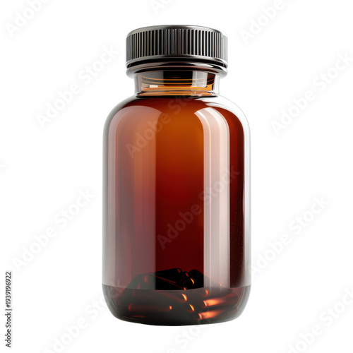 An amber glass medicine bottle containing dark capsules on transparent background