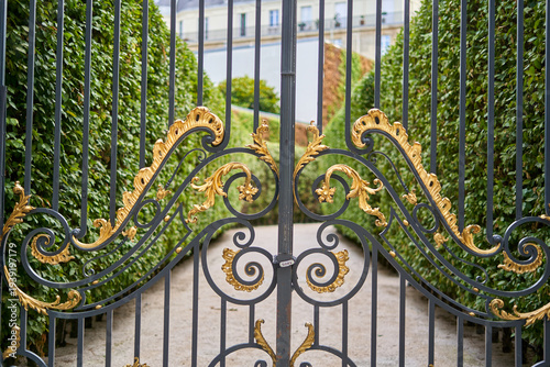 Canvas Print An ornate wrought iron gate featuring intricate gold leaf decorative scrollwork