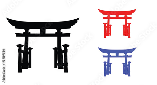 Torii gate illustrations in black red and blue colors on a white background