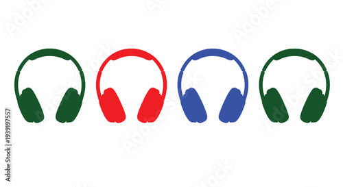Colorful headphones in a row black red blue and green designs