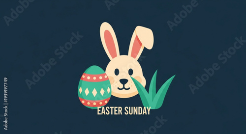 Easter sunday cartoon bunny with decorated egg and grass on dark blue background