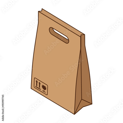 Brown paper bag with handle and recycling symbol.