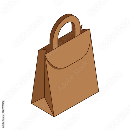 Brown paper shopping bag with handle and flap closure.