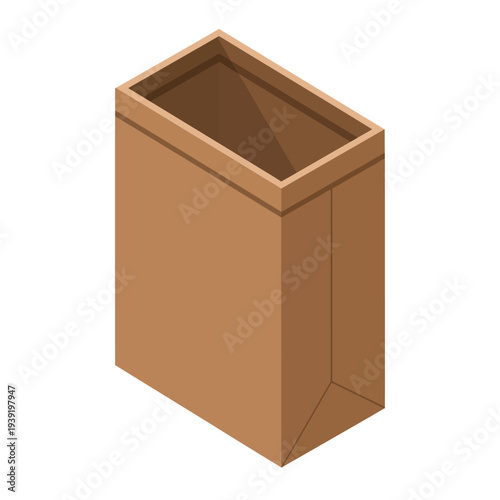 Brown cardboard box with open top on white background.