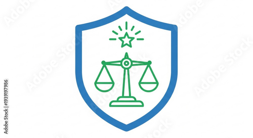 Shield icon with scales of justice and star symbolizing fairness and balance in law and ethics