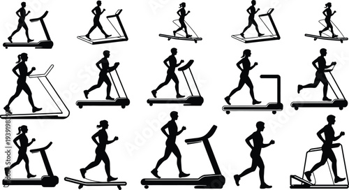 Treadmill running silhouettes collection, men and women jogging on fitness machines set, gym workout activity, cardio training exercise, healthy lifestyle vector illustration