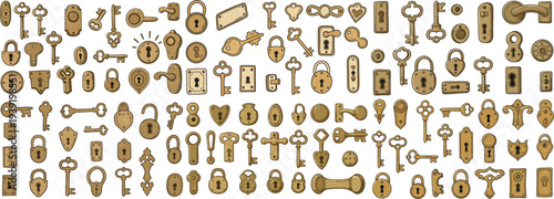 A diverse collection of vintage keys and locks in a warm, golden-tone design, showcasing intricate details.