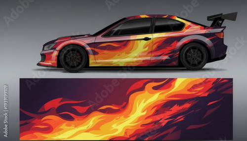 A sports car with a vibrant flame graphic wrap design, showcasing the full fiery pattern below.