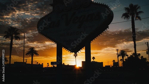 Sunset cityscape with palm trees and iconic Las Vegas sign silhouette in warm golden sky