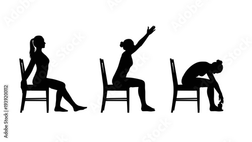 Silhouette of a Woman Performing Seated Stretches: Enhancing Flexibility and Wellness Through Simple Chair Exercises for Home, Office, and Physical Therapy, Focusing on Mobility and Relaxation