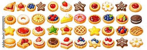 A charming watercolor collection of colorful cookies, tartlets, and pastry desserts for bakery illustrations and dessert design.