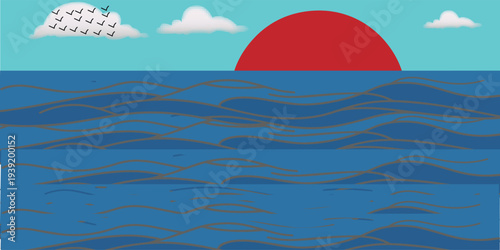 Abstract vector illustration of a sea background with ocean waves sun sky clouds and a colorful sunset seascape landscape
