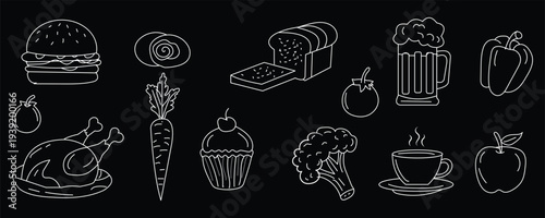 Set of hand drawn food and drink icons on vector illustration