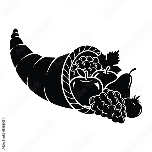 Black Silhouette of a Cornucopia Filled with Fruit