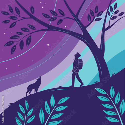 A serene illustration of a person and a wolf under a tree with a vibrant purple and blue sky