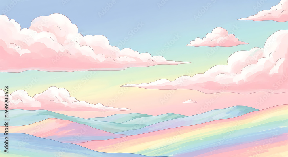 Fototapeta premium Watercolor sky background with soft pink clouds and sun in a colorful dreamy cloudscape