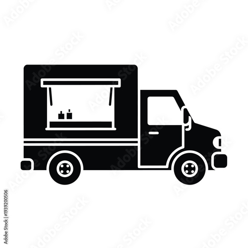 Black silhouette of a food truck on white background