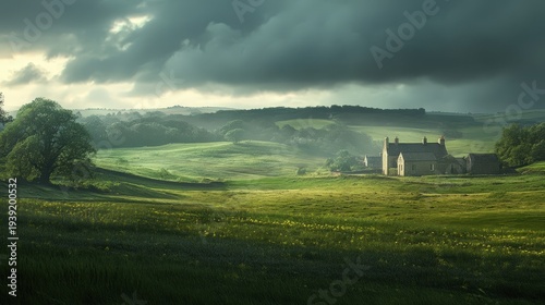 A serene landscape with rolling green hills and a distant cozy farmhouse under a dramatic sky filled with dark clouds.