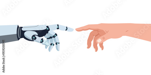 Robot hand and human hand reaching towards each other vector illustration