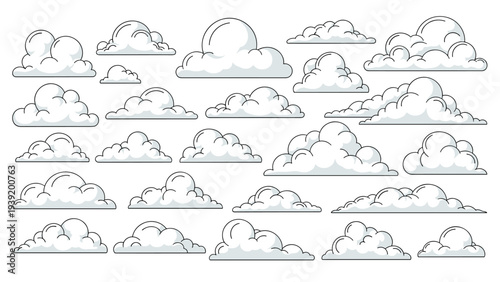 Diverse Set of Cartoon Clouds Illustration for Weather Forecasts, Sky Backgrounds, Graphic Design Projects, and Creative Cloudscapes for Children's Books and Educational Materials