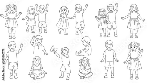 Cheerful Children's Illustrations: Line Art Depicting Playful and Diverse Kids for Educational Materials, Coloring Books, and Creative Design Projects, Promoting Childhood Fun and Learning