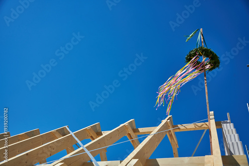 Traditional Richtfest Topping Out Ceremony Wreath on New House Construction in Germany