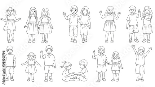 Children's Line Art: A Collection of Charming Illustrations Depicting Kids in Various Poses, Perfect for Coloring Books, Educational Materials, and Whimsical Design Projects Featuring Childhood...