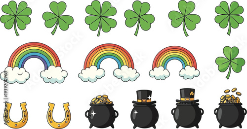St patrick's day vector illustration isolated on transparent background with clovers rainbows leprechauns and gold coins