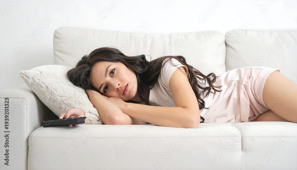 Obraz premium Woman on a cream couch, wearing pink shorts, holding a remote, looking pensively at the viewer